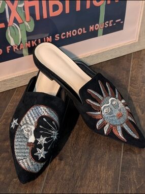 Women's Size 37 Black Embroidered Sun & Moon Slip-On Mules